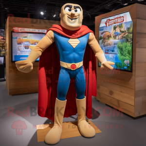 Tan Superhero mascot costume character dressed with a Skinny Jeans and Suspenders