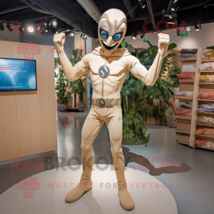 Tan Superhero mascot costume character dressed with a Skinny Jeans and Suspenders