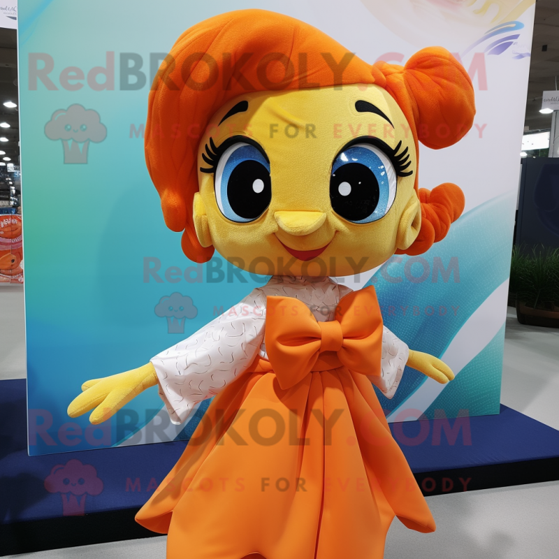 Orange Mermaid mascot costume character dressed with a Blouse and Bow ties