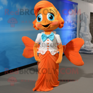 Orange Mermaid mascot costume character dressed with a Blouse and Bow ties