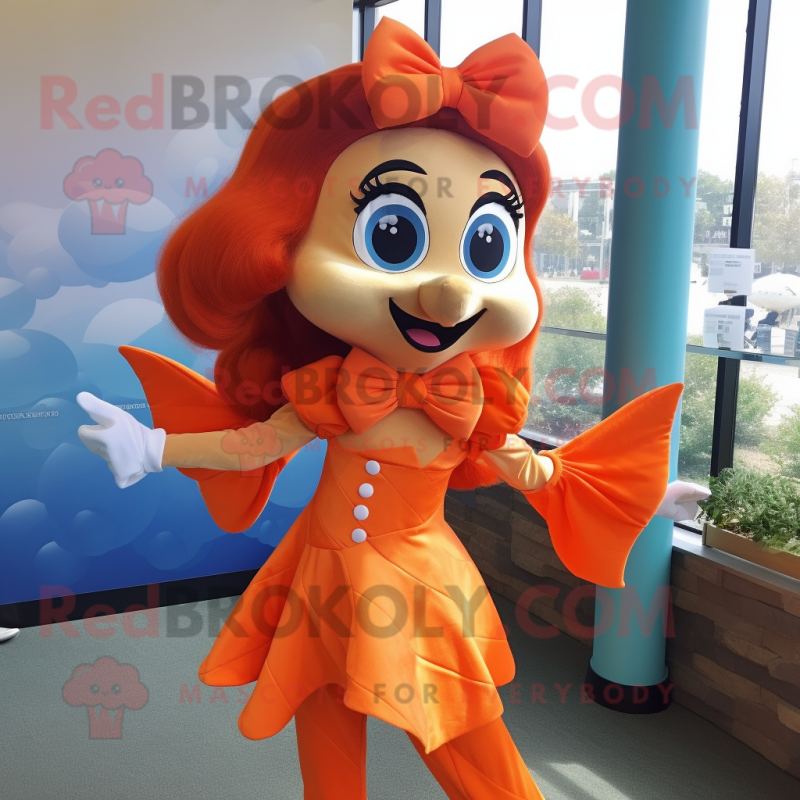 Orange Mermaid mascot costume character dressed with a Blouse and Bow ties