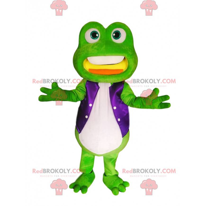 Mascote sapo verde com casaco de cetim roxo - Redbrokoly.com Mascote sapo verde com casaco de cetim roxo - Redbrokoly.com