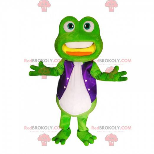 Grünes Froschmaskottchen mit einer lila Satinjacke -