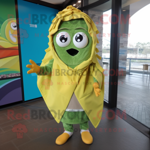 Olive Fish Tacos mascot costume character dressed with a Raincoat and Scarf clips