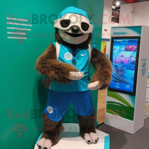 Turquoise Sloth mascot costume character dressed with a Bermuda Shorts and Bracelet watches