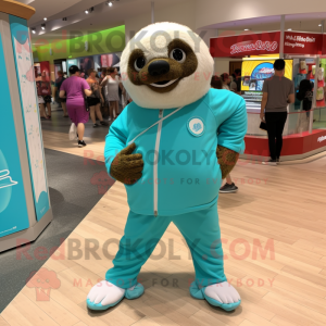 Turquoise Sloth mascot costume character dressed with a Bermuda Shorts and Bracelet watches