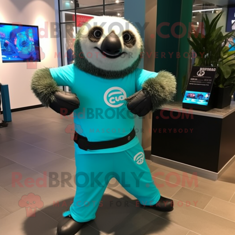 Turquoise Sloth mascot costume character dressed with a Bermuda Shorts and Bracelet watches