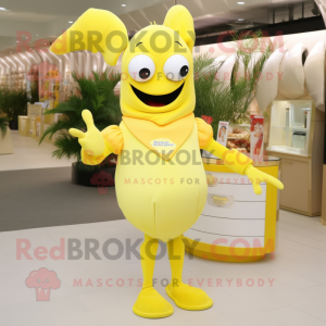 Lemon Yellow Lobster Bisque mascot costume character dressed with a Sheath Dress and Necklaces