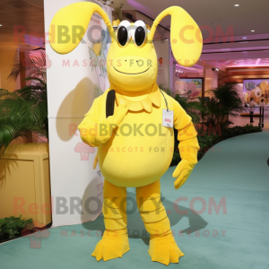 Lemon Yellow Lobster Bisque mascot costume character dressed with a Sheath Dress and Necklaces