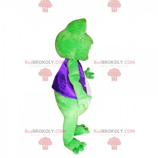 Grünes Froschmaskottchen mit einer lila Satinjacke -