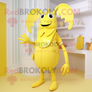 Lemon Yellow Lobster Bisque mascot costume character dressed with a Sheath Dress and Necklaces