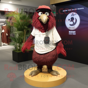 Maroon Kiwi mascot costume character dressed with a Dress Shirt and Rings