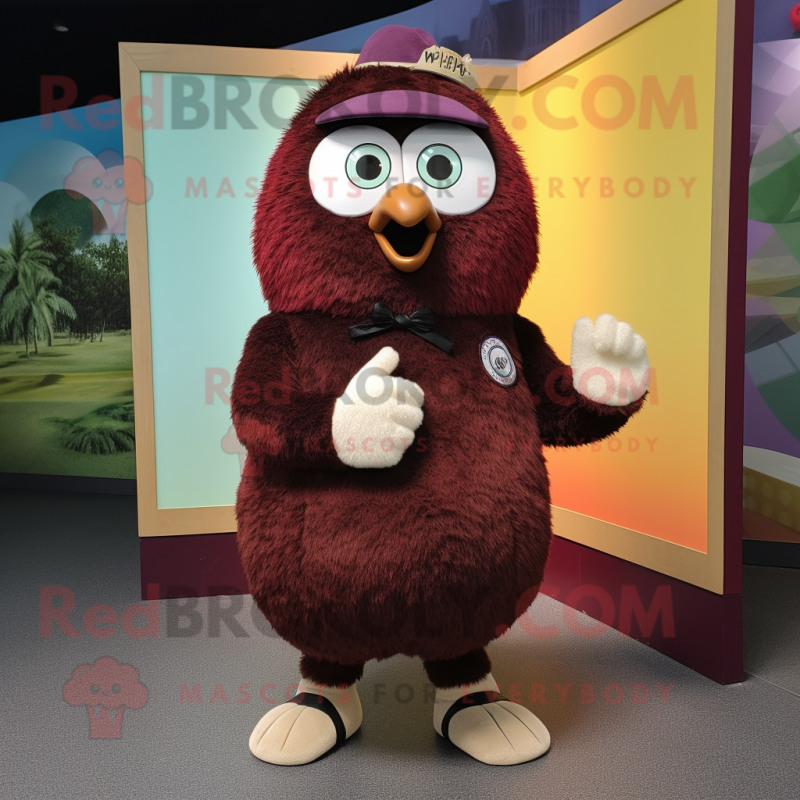 Maroon Kiwi mascot costume character dressed with a Dress Shirt and Rings Maroon Kiwi mascot costume character dressed with a Dress Shirt and Rings