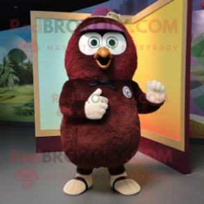 Maroon Kiwi mascot costume character dressed with a Dress Shirt and Rings