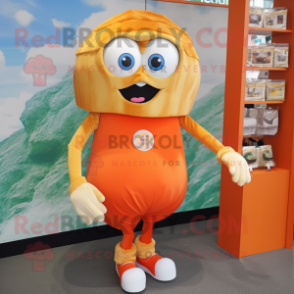 Orange Oyster mascot costume character dressed with a Capri Pants and Coin purses