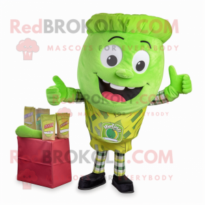Lime Green Pesto Pasta mascot costume character dressed with a Flannel Shirt and Coin purses