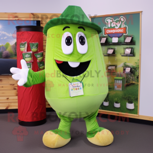 Lime Green Pesto Pasta mascot costume character dressed with a Flannel Shirt and Coin purses