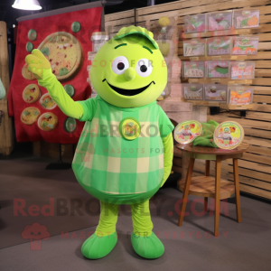 Lime Green Pesto Pasta mascot costume character dressed with a Flannel Shirt and Coin purses