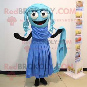 Sky Blue Pesto Pasta mascot costume character dressed with a Sheath Dress and Scarf clips