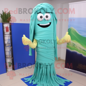 Sky Blue Pesto Pasta mascot costume character dressed with a Sheath Dress and Scarf clips