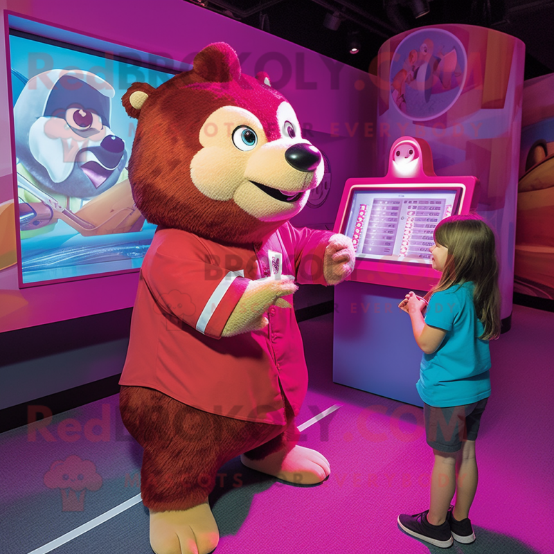 Magenta Beaver mascot costume character dressed with a Romper and Watches Magenta Beaver mascot costume character dressed with a Romper and Watches
