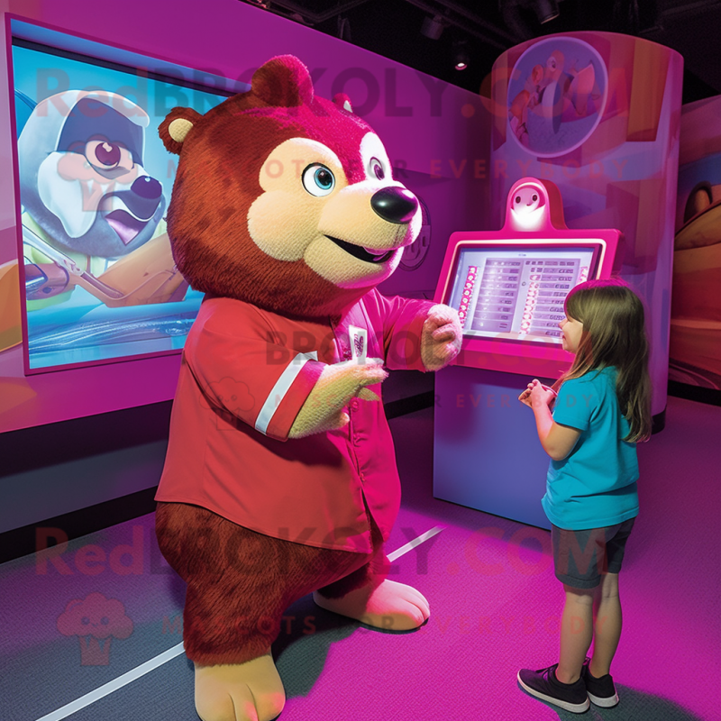 Magenta Beaver mascot costume character dressed with a Romper and Watches