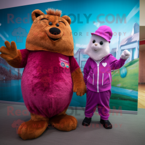 Magenta Beaver mascot costume character dressed with a Romper and Watches