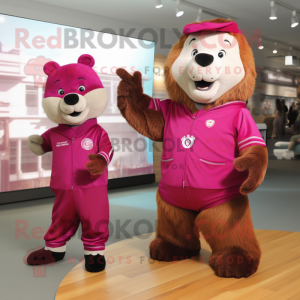 Magenta Beaver mascot costume character dressed with a Romper and Watches