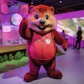 Magenta Beaver mascot costume character dressed with a Romper and Watches