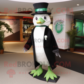 Forest Green Seagull mascot costume character dressed with a Tuxedo and Hat pins