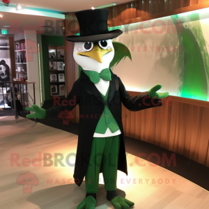 Forest Green Seagull mascot costume character dressed with a Tuxedo and Hat pins