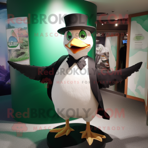 Forest Green Seagull mascot costume character dressed with a Tuxedo and Hat pins