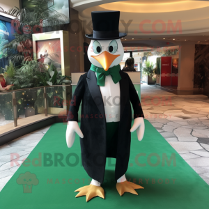 Forest Green Seagull mascot costume character dressed with a Tuxedo and Hat pins