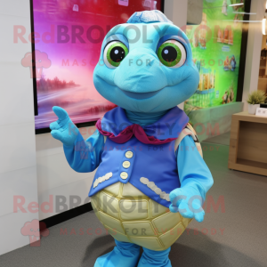 Blue Turtle mascot costume character dressed with a Blouse and Headbands