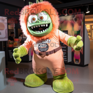 Peach Frankenstein'S Monster mascot costume character dressed with a Jeggings and Mittens