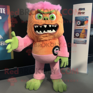 Peach Frankenstein'S Monster mascot costume character dressed with a Jeggings and Mittens