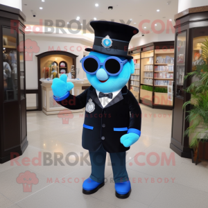 Blue Police Officer mascot costume character dressed with a Tuxedo and Reading glasses