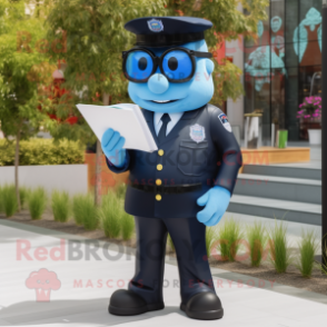 Blue Police Officer mascot costume character dressed with a Tuxedo and Reading glasses