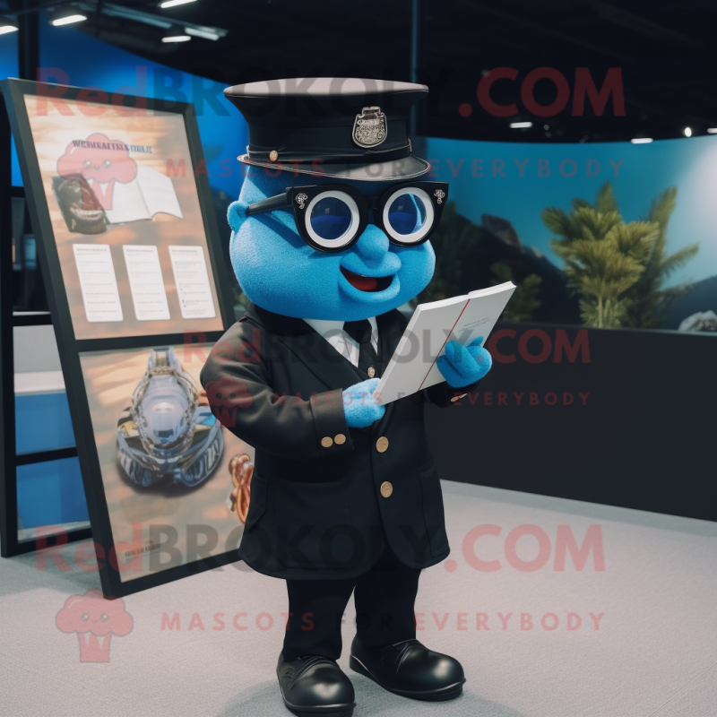 Blue Police Officer mascot costume character dressed with a Tuxedo and Reading glasses Blue Police Officer mascot costume character dressed with a Tuxedo and Reading glasses