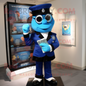 Blue Police Officer mascot costume character dressed with a Tuxedo and Reading glasses