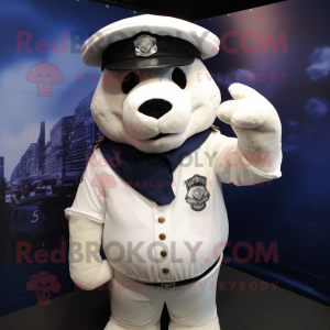 White Navy Seal mascot costume character dressed with a Waistcoat and Hat pins