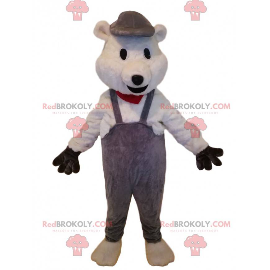 Polar bear mascot with gray overalls - Redbrokoly.com