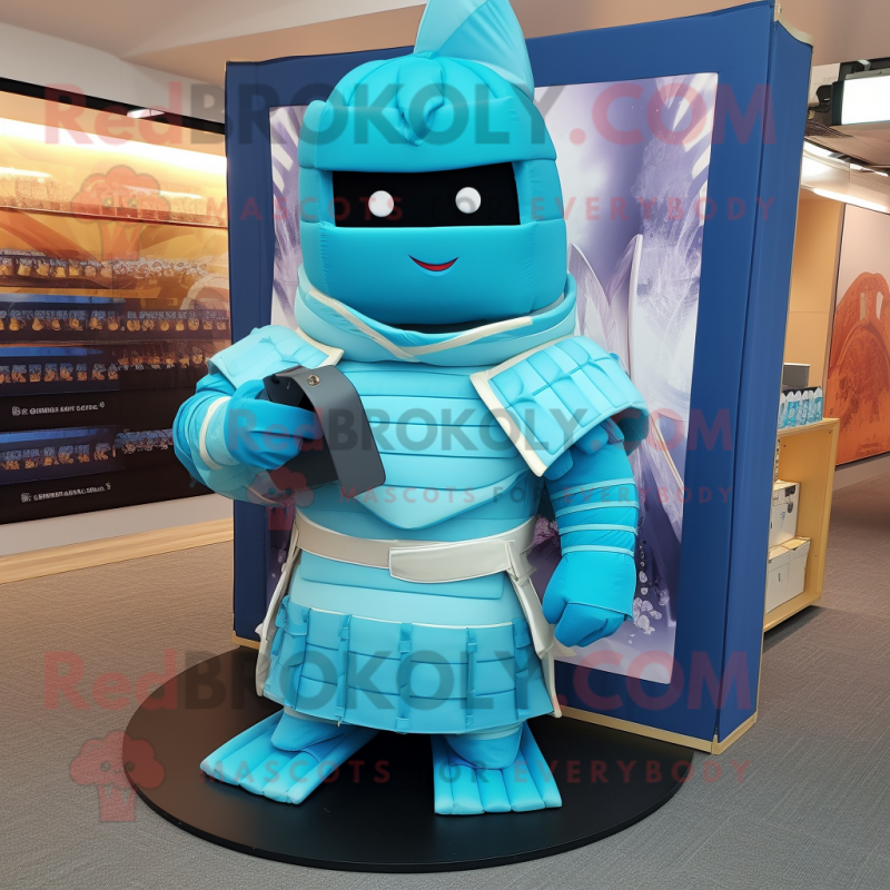 Cyan Samurai mascot costume character dressed with a Cover-up and Foot pads