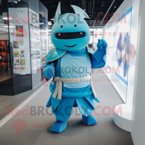 Cyan Samurai mascot costume character dressed with a Cover-up and Foot pads