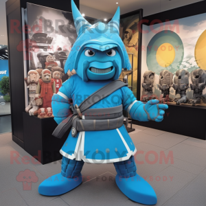 Cyan Samurai mascot costume character dressed with a Cover-up and Foot pads