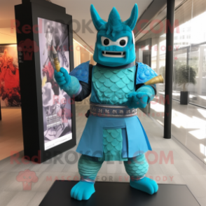 Cyan Samurai mascot costume character dressed with a Cover-up and Foot pads