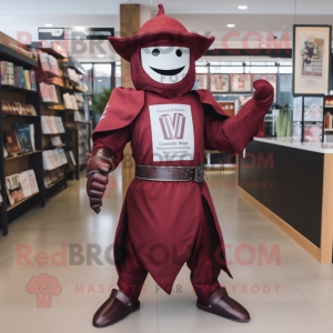 Maroon Medieval Knight mascot costume character dressed with a Poplin Shirt and Berets