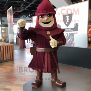 Maroon Medieval Knight mascot costume character dressed with a Poplin Shirt and Berets