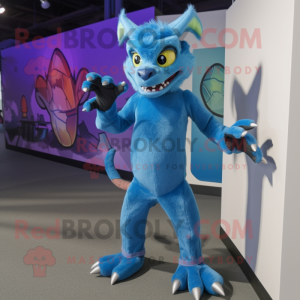 Blue Chupacabra mascot costume character dressed with a Tank Top and Shoe clips