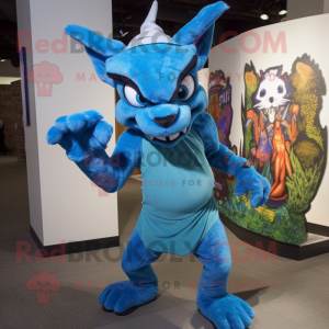 Blue Chupacabra mascot costume character dressed with a Tank Top and Shoe clips